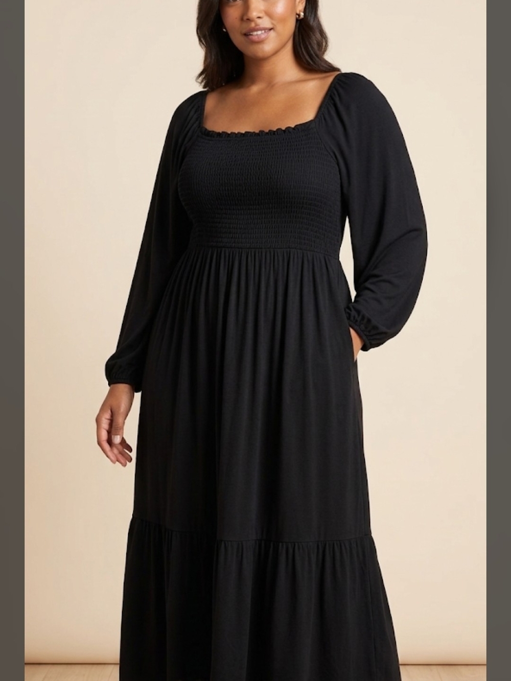 Smocked Square-Neck Long Sleeve Maxi Dress - Black